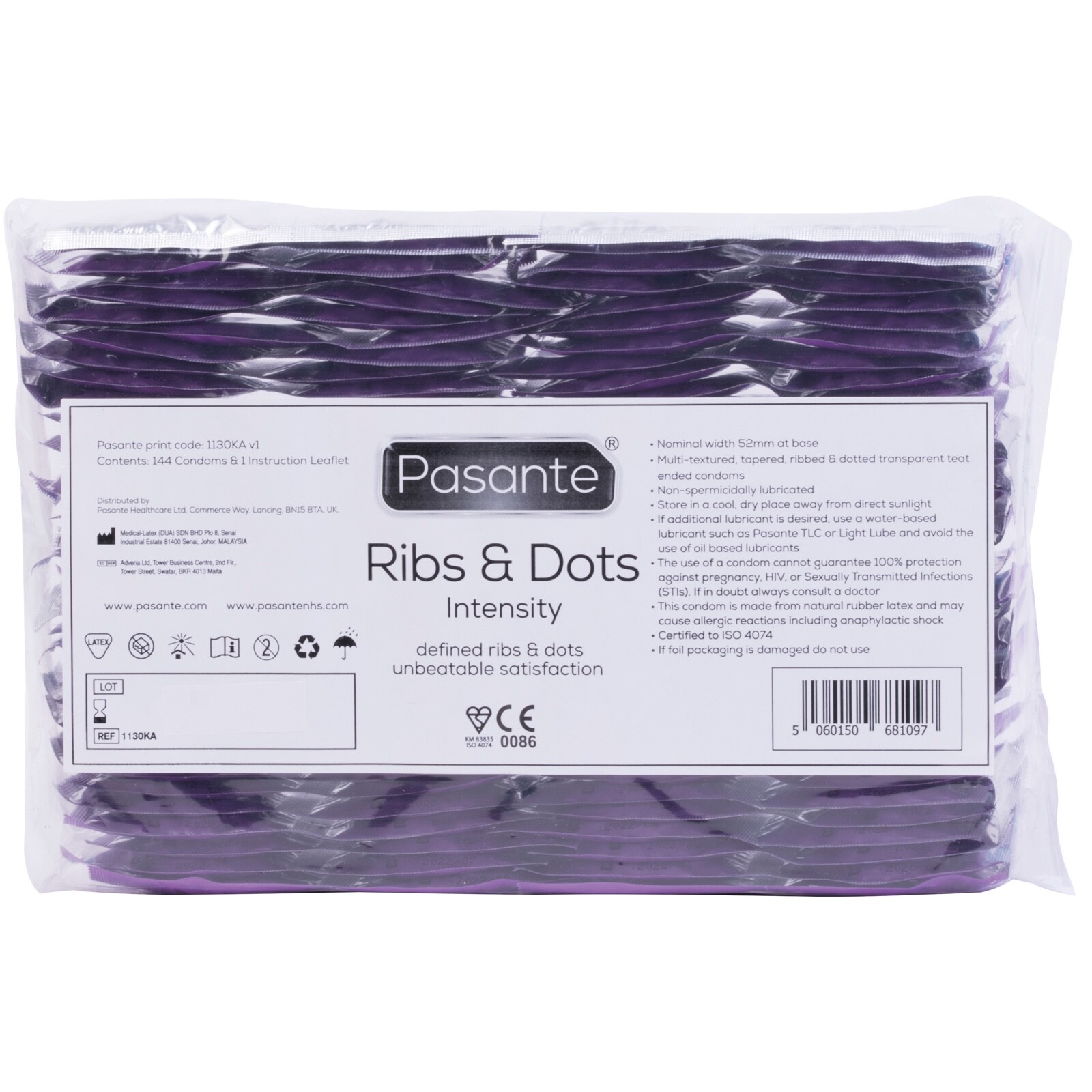 144 x Pasante Ribs & Dots Intensity Condoms | Ribbed Dotted Condoms ...