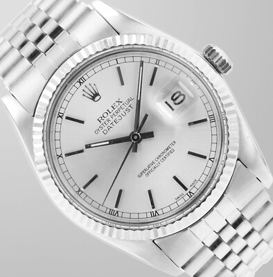 Rolex Datejust Mens 36mm Steel Silver Index Dial Fluted Bezel Jubilee Band 16014