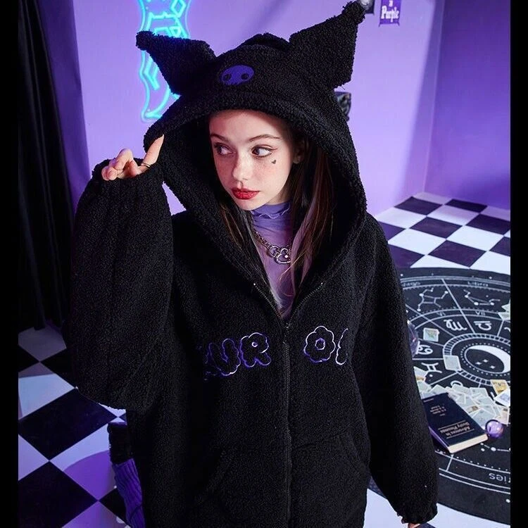Kuromi Devil Causual Black Fleece Hooded Zipper Jacket Coat Girl Tops Sweatshirt - Image 2 of 4