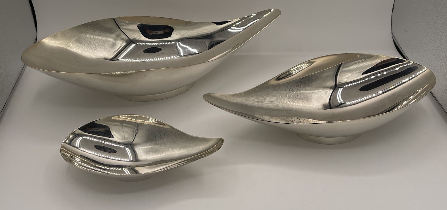 THREE Modernist REED & BARTON #64 65 68 Silverplate BOWLS  JOHN PRIP 1955 nestng