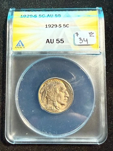 1929 S BUFFALO NICKEL ANACS AU 55