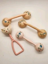 Vintage 1960's  Lot of 4 Baby Rattles Plastic Pink and White