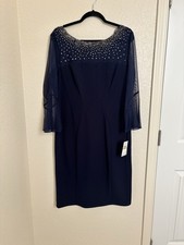 NWT Alex Evenings Women's Embellished Beaded Illusion Navy Sheath Dress Sz 14