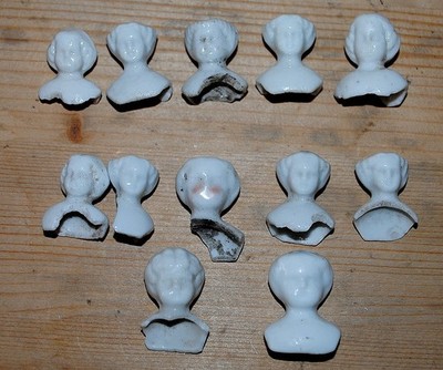 12 antique German tiny/small glazed doll heads, damaged,Puppenköpfe 0502
