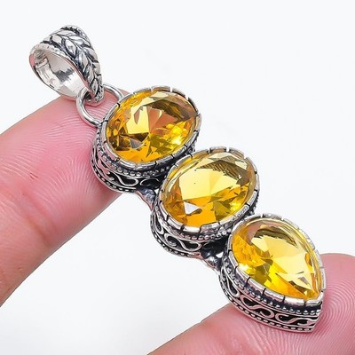 Handgefertigter gelber Citrin Edelstein 925 Sterlingsilber Schmuck Anhänger G...