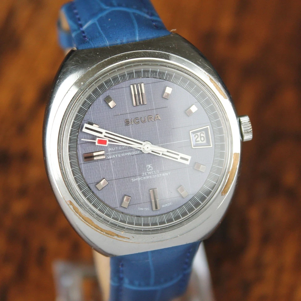 Vintage SICURA GRENCHEN Swiss Made Automatic Watch 25 Jewels Blue Dial Serviced - Image 4 of 4