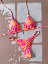Pink Yellow Tropical Bikini Set - Triangle Top Ruched Cheeky Thong Swimsuit