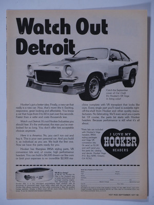 1977 Hooker Headers Watch Out Detroit V8 Vega Vintage Original Print Ad