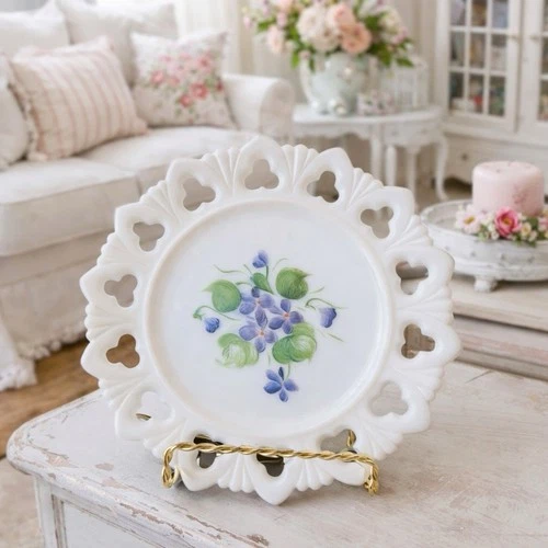 Vtg  KEMPLE Reticulated Milk Glass 7” Decorative Plate - Painted Violets - 1950s