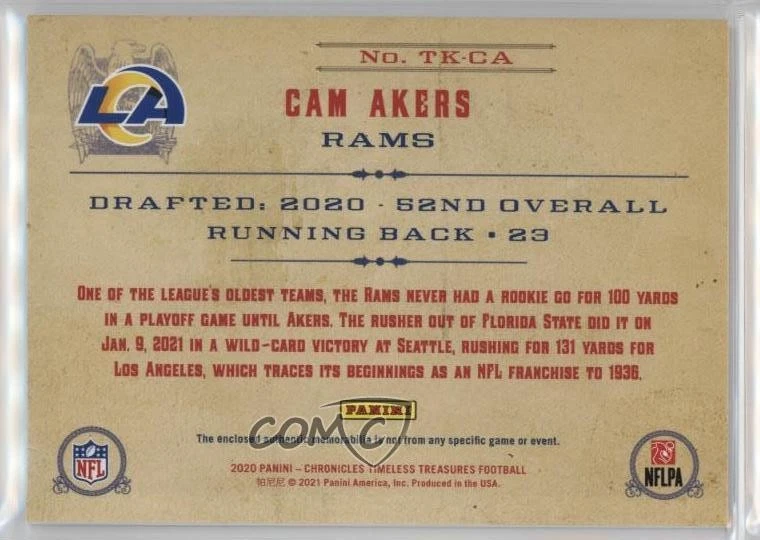 2020 Panini Chronicles Timeless Treasures Jersey /199 Cam Akers #TK-CA Rookie RC - Image 2 of 2