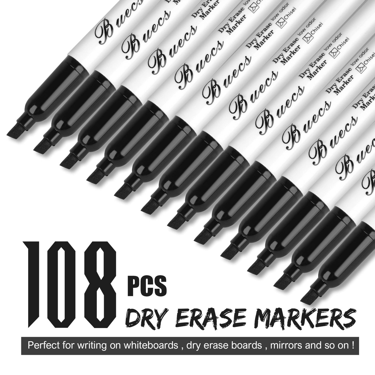 INTUNO Dry Erase Markers 108 Pack - Fine Tip Black Low-Odor Whiteboard Markers For Office & Classroom