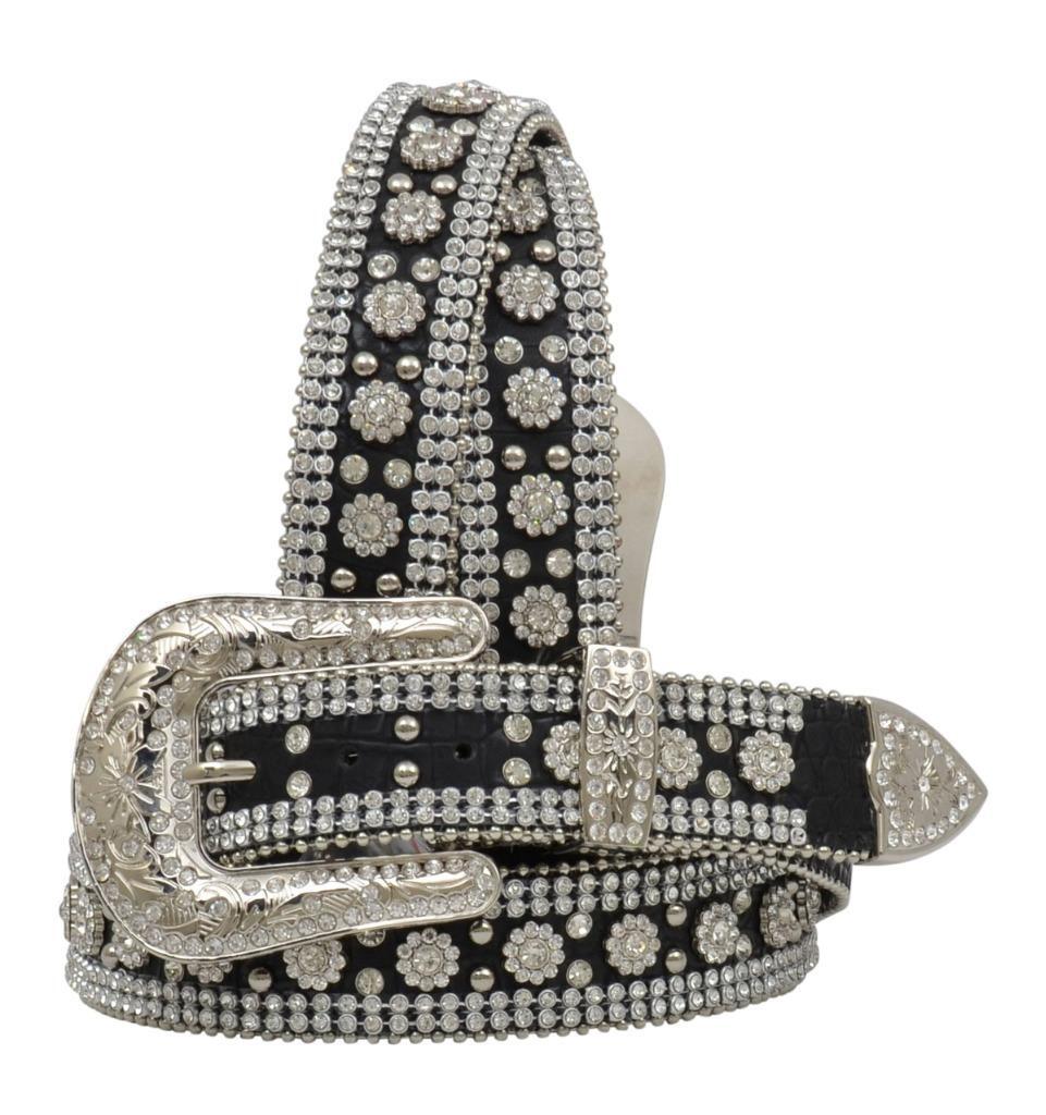 Angel Ranch Western Womens Belt Leather Crystals Concho Silver Studs Gator  Black