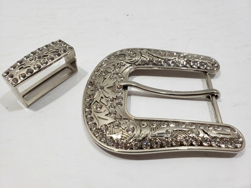 2pc Rhinestone belt buckle, Western Cowgirl Cowboy 3 1/3 x 3 1/8 Silver nickel - Picture 4 of 6