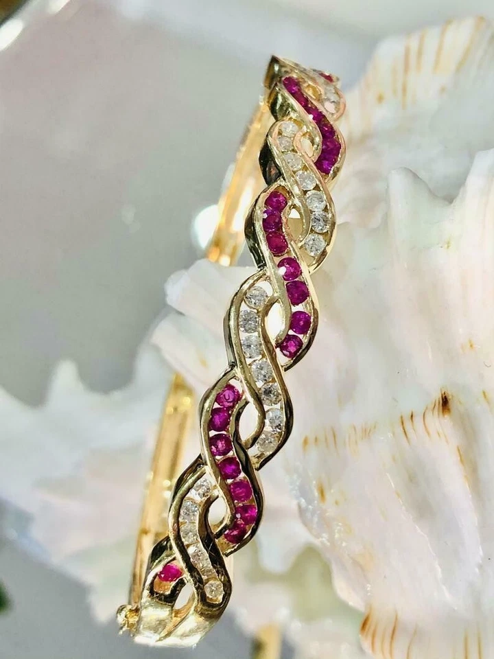 Brazalete Brazalete Chapado en Oro Amarillo 14k 4Ct Redondo Rubí Simulado Regalo Navidad Foto 2 de 4