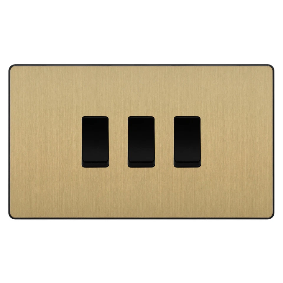 BG Evolve Satin Messing 3 Gang Lichtschalter 1x Zwischenschalter 2x 2 Wege Gitterschalter