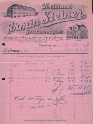 Stara faktura Dom tekstylny Armin Steiner w Sonnebergu (Thã1⁄4r.)  - 1926 - Zdjęcie 1 z 1