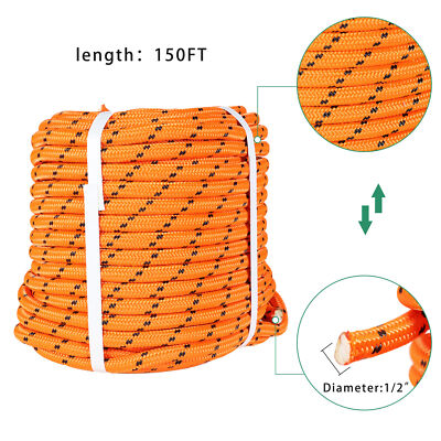 Orange 1/2''×150' Bull Rope Double Braid Polyester Rope 6180Lbs Breaking Strength