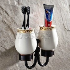 Black Oil Rubbed Brass Wall Mounted Double Tooth Brush Holder Ceramic Cup sba472
