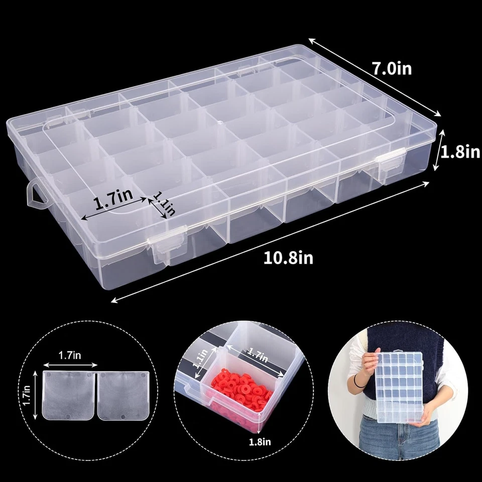36 Grids Clear Plastic Organizer Box Storage Jewelry Box w/ Adjustable Dividers - Image 2 of 4