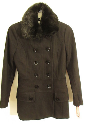 Esprit Wool Blend Faux Fur Collar Double Breasted Coat S Black NWT $275