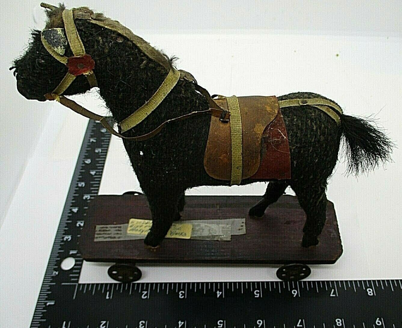 FOLK ART ANTIQUE HORSE WOOD PULL TOY WHEELS HAND CARVED ORIGINAL HORSE HAIR 