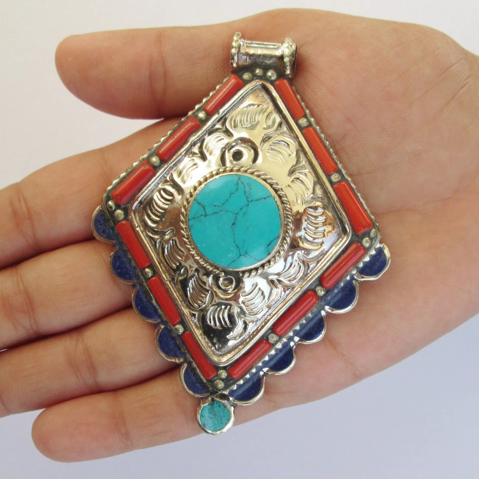 Colgante Lapislázuli Turquesa Tibetano y Coral - Nepal Amuleto Joyería Talla 3" P102 Foto 2 de 4