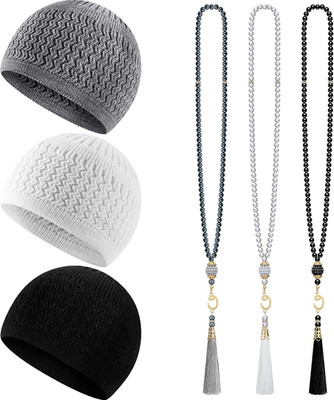 Jiuguva 6 Pcs Muslim Kufi Hats for Men Tasbih Prayer Beads Set | Classic Stretch