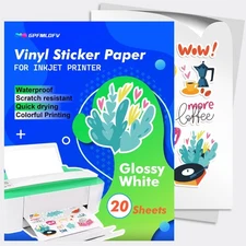 20 Glossy Sticker Paper for Inkjet Printer- Waterproof Paper Printable Vinyl ...