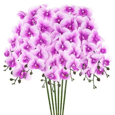 6er Pack Künstliche Orchideen 9 große Blütenblätter für Zuhause [dunkelviolett weiß]