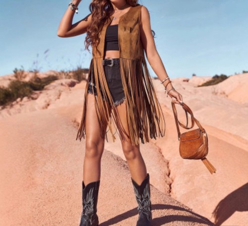 Western Chic Suede Fringe Vest – Long Hollow-Out Cowboy Style