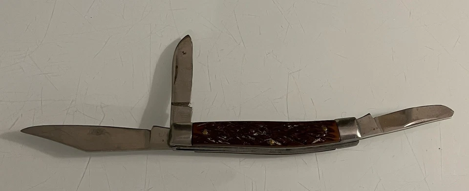 VINTAGE JIGGED BONE FULL SIZE STOCKMAN KNIFE JAPAN W/ Shield - Image 3 of 4