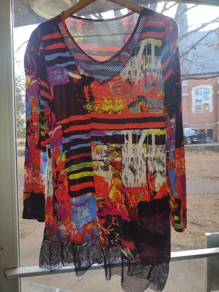 VTG 80s Glam Punk Mesh Lace Pop Art Top L Fishnet Ruffle Clubwear - Image 3 of 4