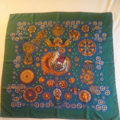 RARE VINTAGE HERMES PARIS Silk Scarf Le Roy Soleil Green design by Annie Faivre