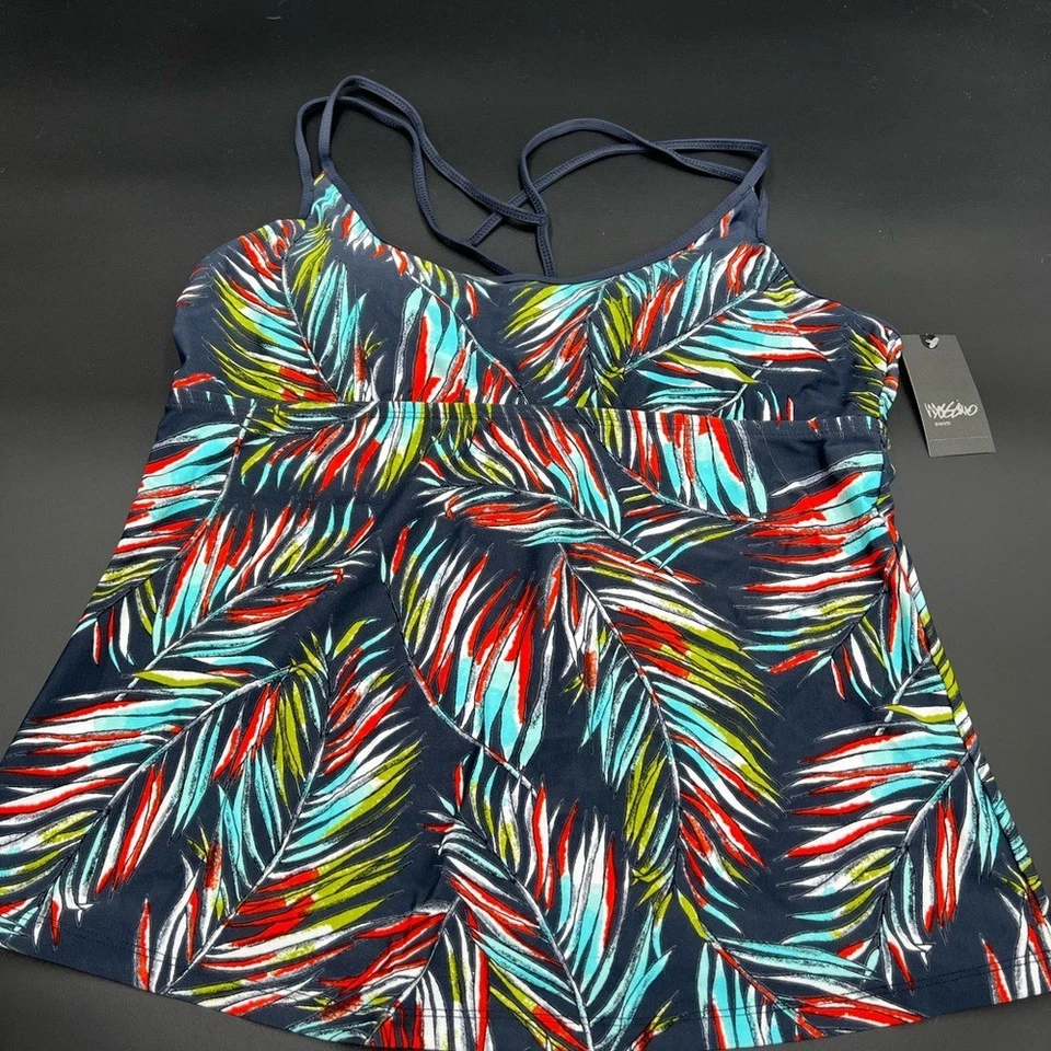 Blusa de banho Mossimo tankini tamanho XL. A cor base é ardósia com laranja azul e verde - Imagem 3 de 4