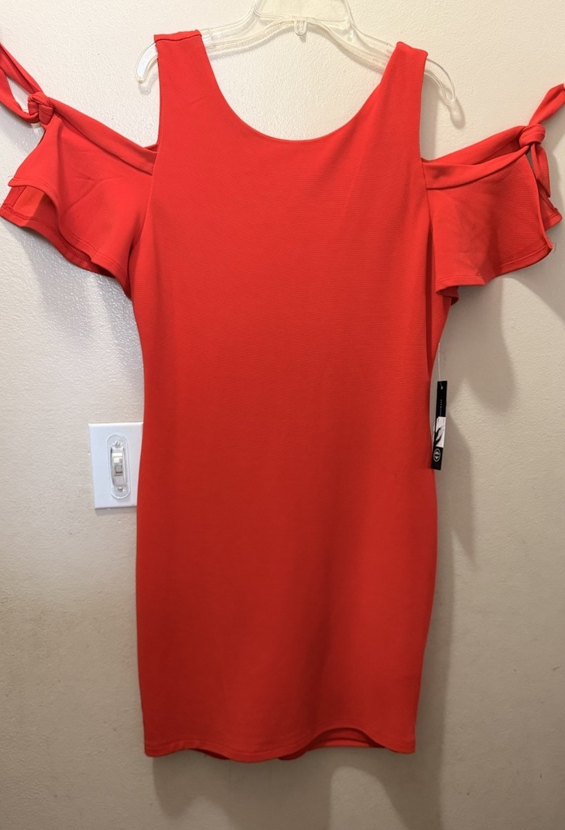As U Wish Red Ruffle Cold Shoulder Mini Bodycon Dress Scoop Neck