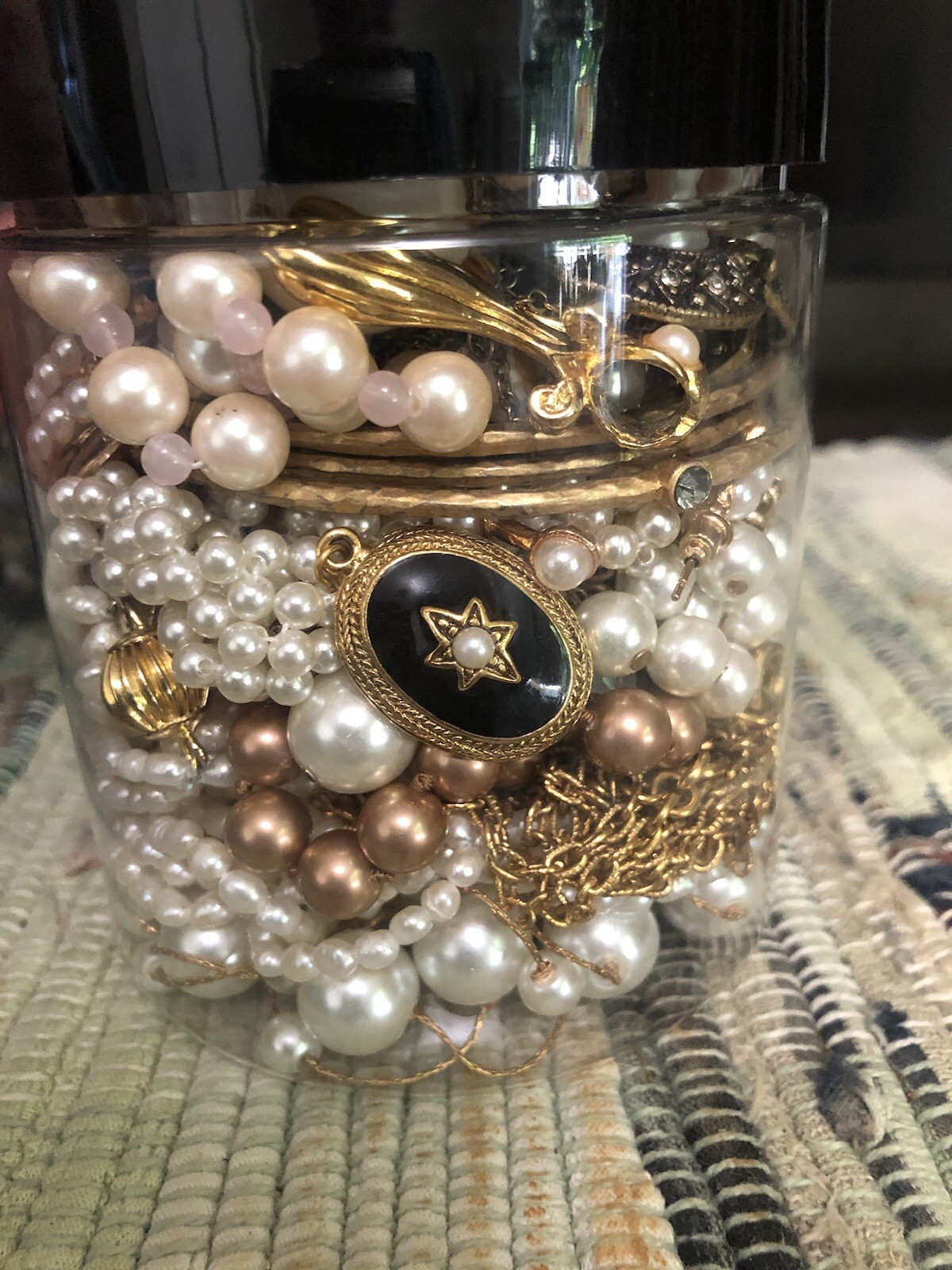 Vintage To Now Genuine and Faux Pearl And Mostly Gold Mystery Jewelry Jar