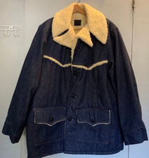Vintage 70s Roebucks Sears Men Size 44-R Denim Chore Coat Sherpa Lined EUC