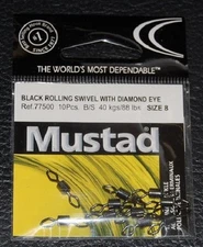 10 Pack Mustad Rolling Swivel with Diamond Eye Size 8 88lb Swivels 77500-08