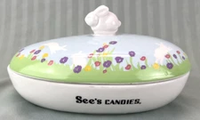 See's Candies Dish Easter Egg Shaped Floral Bunny Lid Vintage Collectable