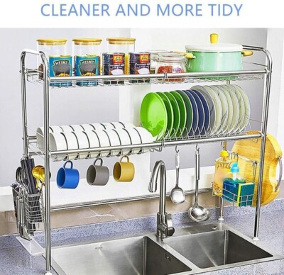 Over The Sink Dish Drying Rack Carbon Steel Tier Kitchen Dish