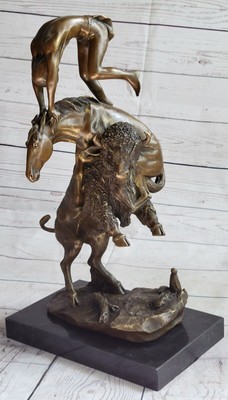 Signed Remington Indian Man Taming Horse and Buffalo Bronze Sculpture Marble NR