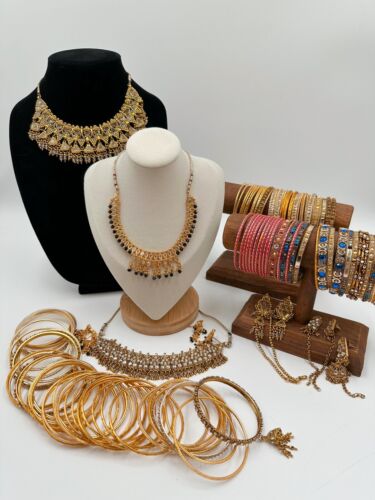Huge Indian Bollywood Style Necklace Earrings Bracelets Set Jewelry Lot - Afbeelding 1 van 13