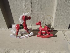 2 Vintage Wood Red Rocking Horse Christmas Tree Ornaments Yarn Mane  Tail