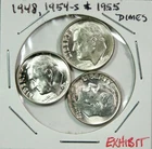 Three New Silver Roosevelt Dimes – 1948, 1954-S, 1955 – Free US Shipping