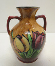 VINTAGE H&K TUNSTALL ENG ART DECO TULIPTIME HAND PAINTED 2-HANDLE POTTERY VASE