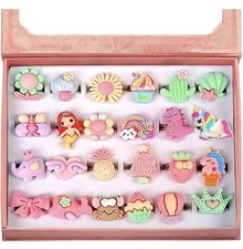 24Pcs Little Girl Jewel Rings, Adjustable, No Duplication Kids Play Ring in Box,