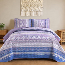 Purple Quilt King Size, Soft Purple Striped Quilt Bedding Set with 2 Pillow Sham