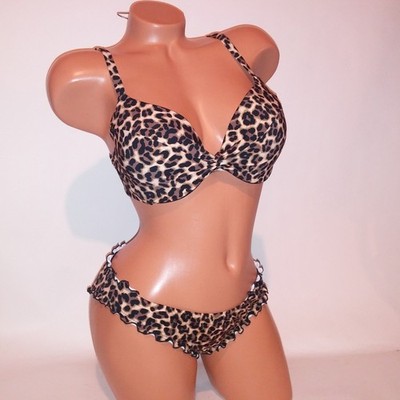 Victoria Secret PINK Swim Bikini 36C Top Medium Bottom Black Leopard Push Up