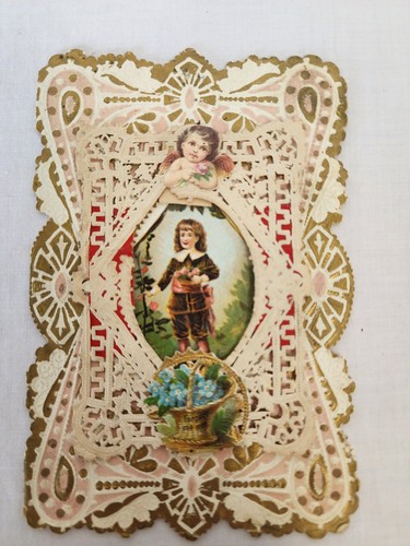 Antique Embossed Lace-Die Cut Gilded Greeting Card 'Forget Me Not' Fold Out