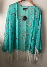 Apricot Kimono Jacket Size 14 L New Green Bird Print Fringed Casual Summer
